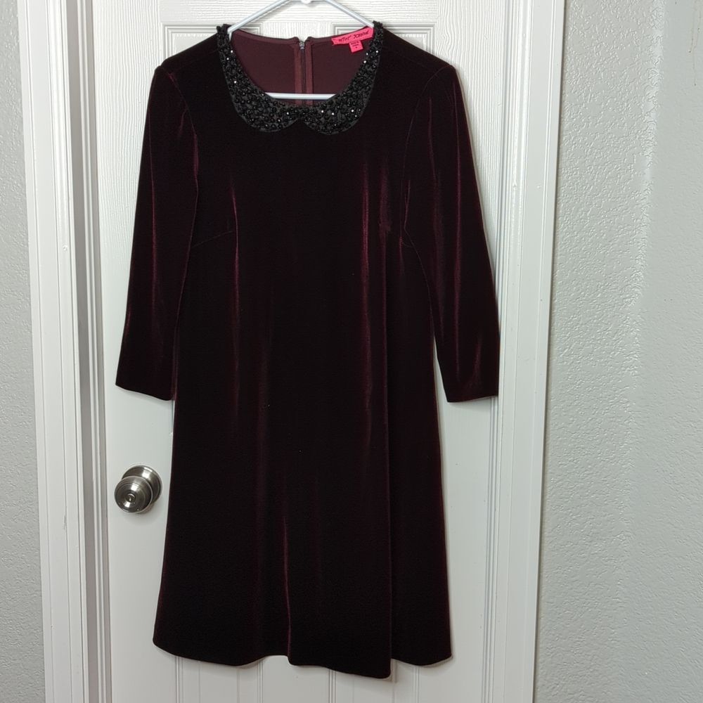 Betsey Johnson Burgundy Velvet A-Line Midi Dress Embellished Neckline Size 8